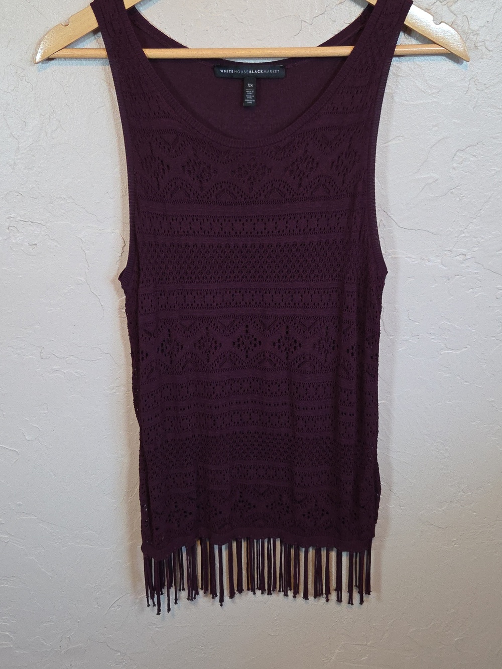 WHBM Crochet Fringe Tank Top Burgundy Boho Sleeveless XS
